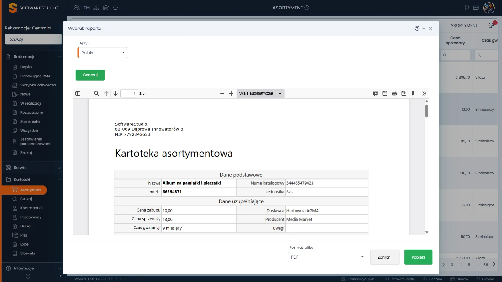 Studio RMA.net - okno Wydruk raportu dla artykułu z listą Język, przyciskiem Generuj, podglądem karty Kartoteka asortymentowa i listą Format pliku