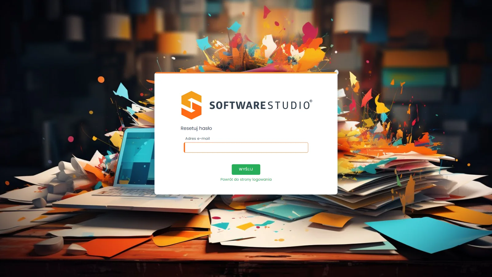 Studio RMA.net - karta Resetuj hasło z polem Adres e-mail, przyciskiem WYŚLIJ i odnośnikiem Powrót do strony logowania na tle ekranu logowania