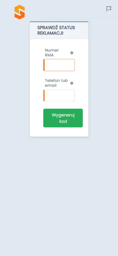 Studio RMA.net - formularz Sprawdź status reklamacji na ekranie telefonu: nagłówek w dwóch liniach, pola jedno pod drugim i przycisk Wygeneruj kod