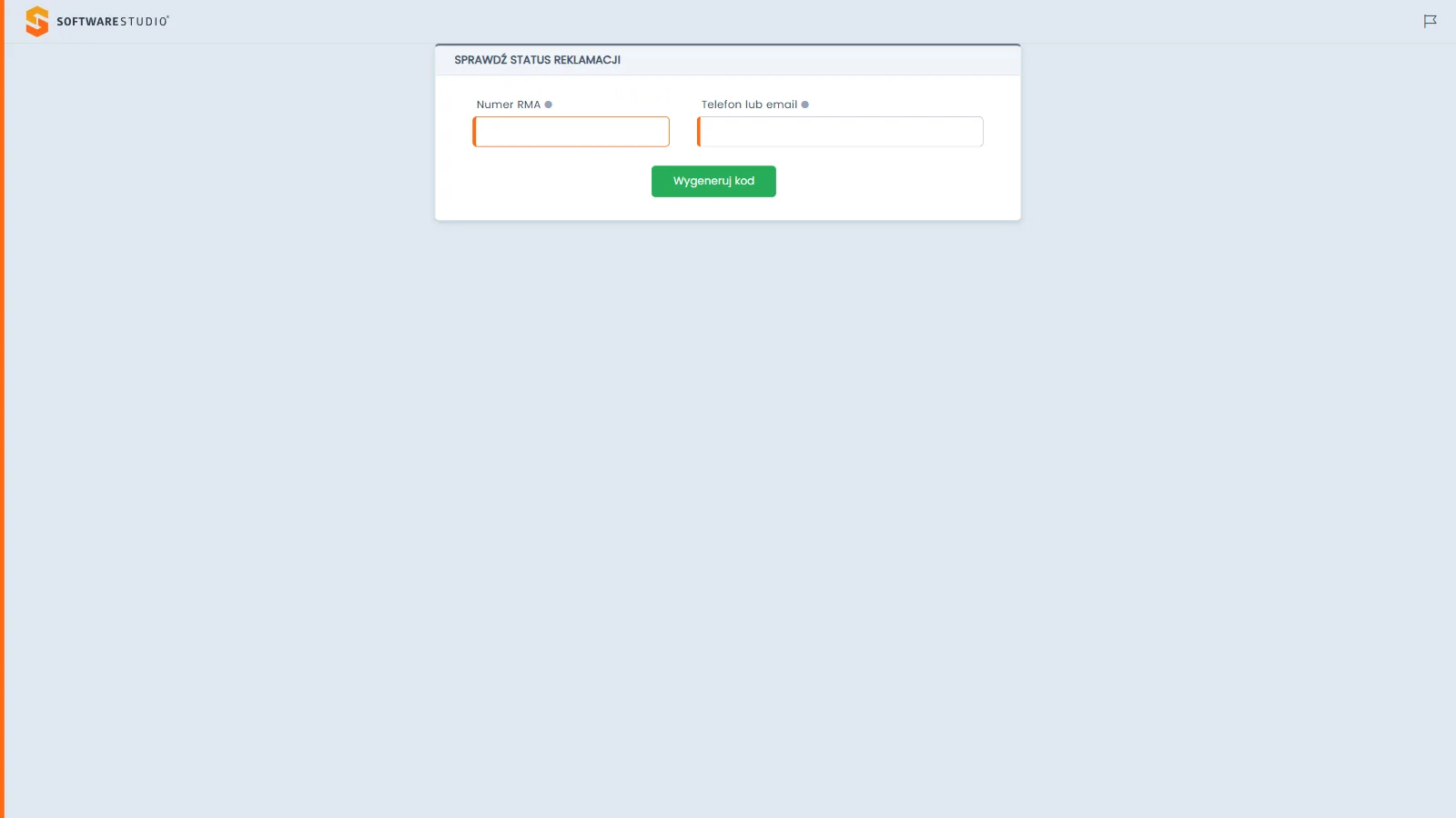 Studio RMA.net - formularz publiczny Sprawdź status reklamacji z polami Numer RMA i Telefon lub email oraz zielonym przyciskiem Wygeneruj kod