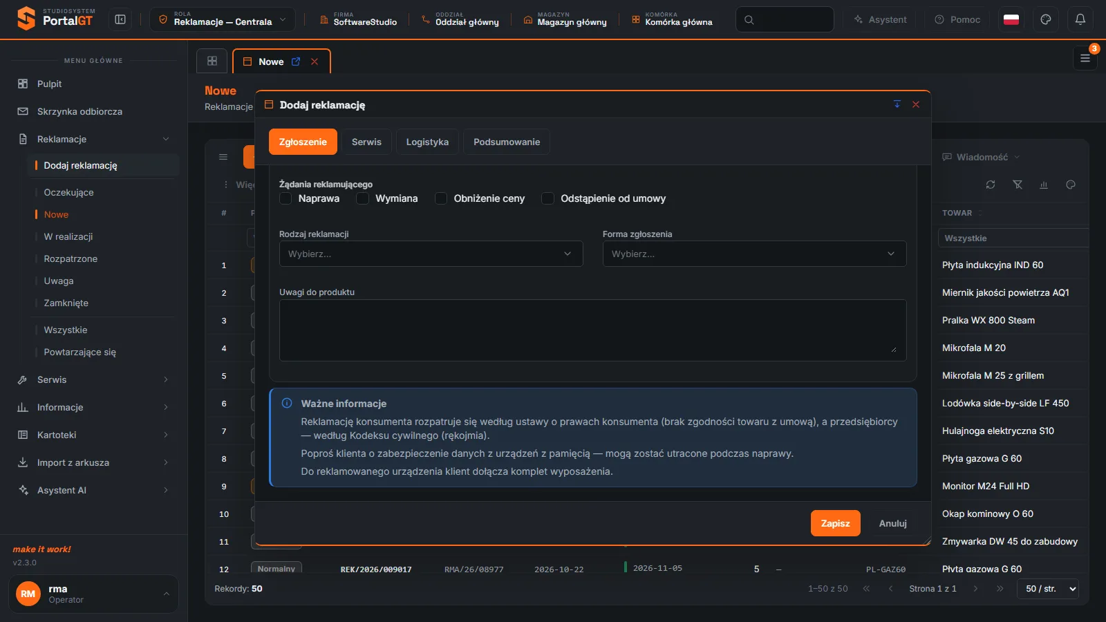 Studio RMA.net - okno Dodaj reklamację przewinięte do pól Żądania reklamującego, Rodzaj reklamacji, Forma zgłoszenia i ramki Ważne informacje