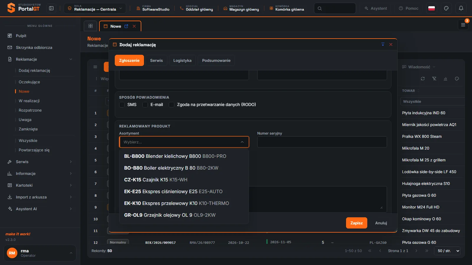 Studio RMA.net - okno Dodaj reklamację z rozwiniętą listą Asortyment pokazującą indeks, nazwę i model towaru
