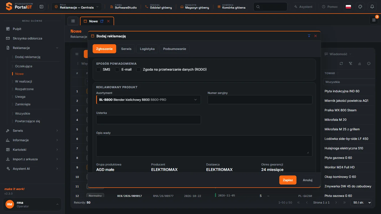 Studio RMA.net - okno Dodaj reklamację z wybranym asortymentem i informacjami Grupa produktowa, Producent, Dostawca, Okres gwarancji