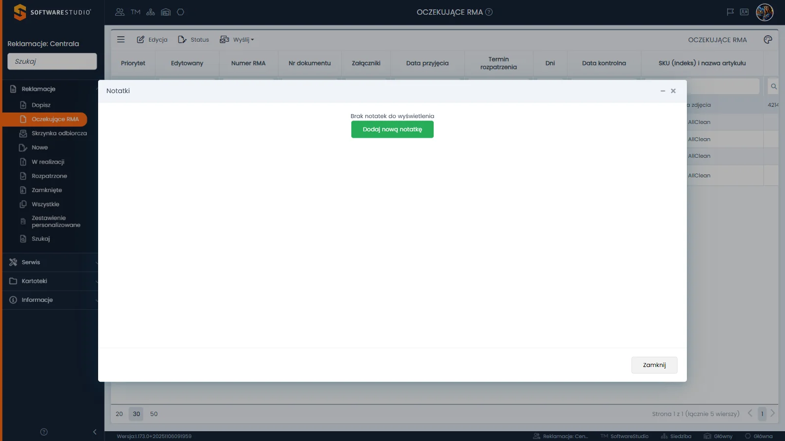 Studio RMA.net - okno Notatki nad rejestrem Oczekujące RMA z komunikatem o braku notatek i zielonym przyciskiem Dodaj nową notatkę