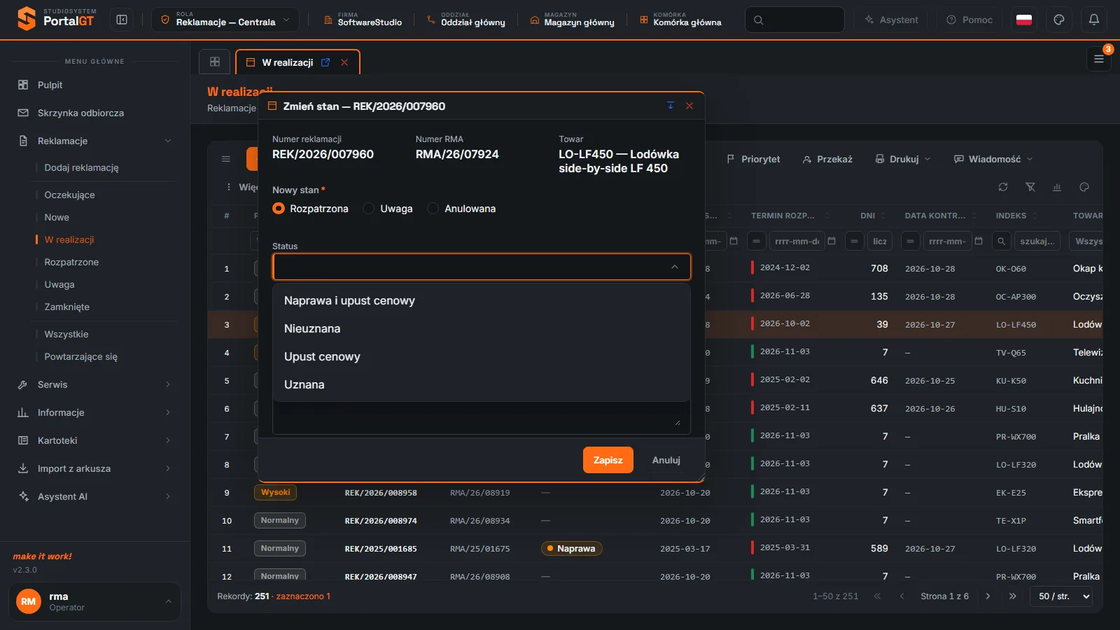 Studio RMA.net - okno Zmień stan z zaznaczonym stanem Rozpatrzona i listą Status z decyzjami Naprawa i upust cenowy, Nieuznana, Upust cenowy, Uznana