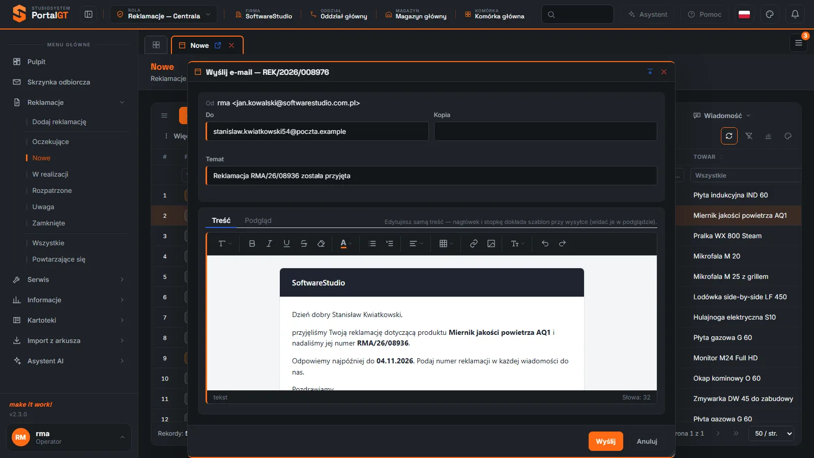 Studio RMA.net - okno Wyślij e-mail z polami Od, Do, Kopia, Temat i edytorem treści z podglądem szablonu wiadomości o przyjęciu reklamacji