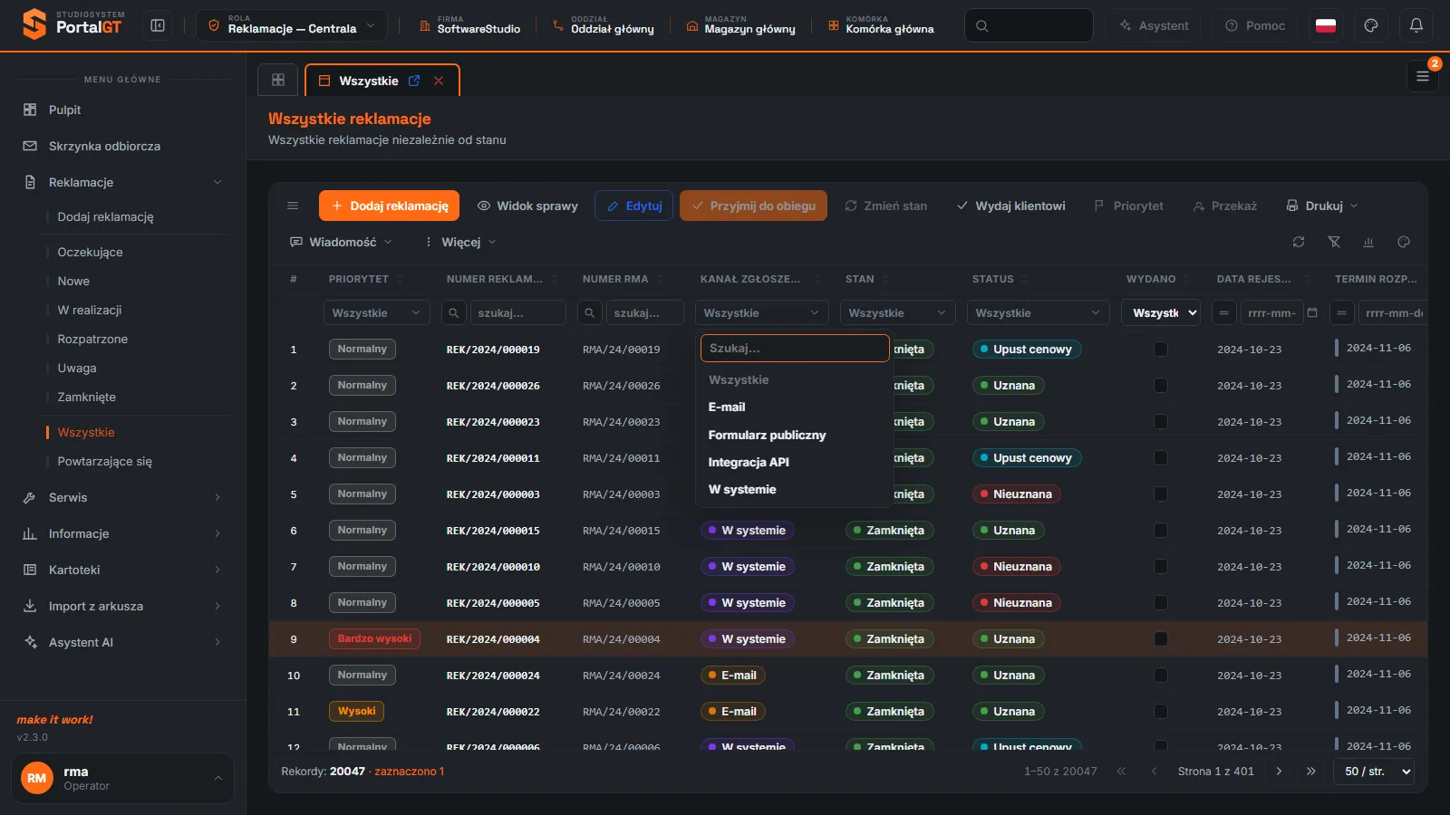 Studio RMA.net - rejestr Wszystkie z otwartą listą filtra Kanał zgłoszenia zawierającą E-mail, Formularz publiczny, Integracja API i W systemie
