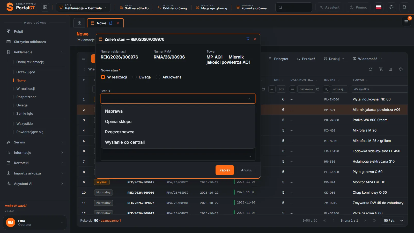 Studio RMA.net - okno Zmień stan z wybranym stanem W realizacji i otwartą listą Status zawierającą Naprawa, Opinia sklepu, Rzeczoznawca i Wysłanie do centrali