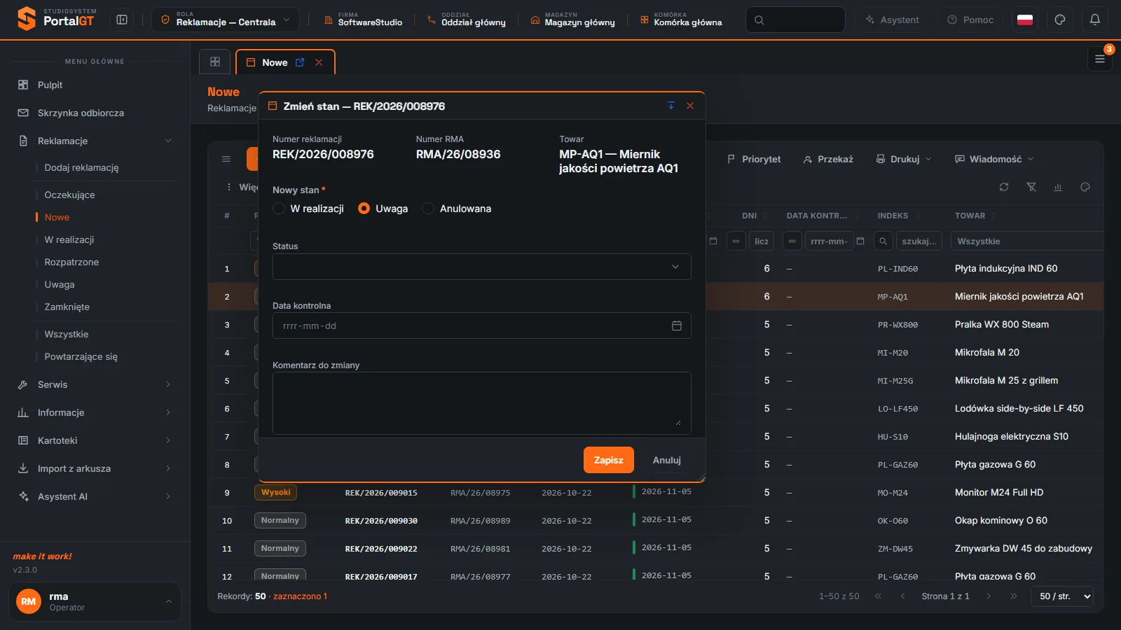 Studio RMA.net - okno Zmień stan z zaznaczonym stanem Uwaga, polami Status, Data kontrolna i Komentarz do zmiany