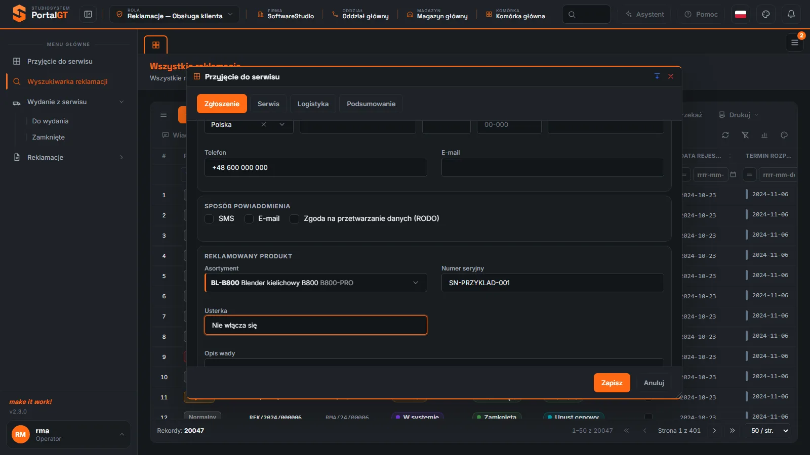 Studio RMA.net - okno Przyjęcie do serwisu z sekcją Reklamowany produkt: wybrany asortyment, numer seryjny i usterka