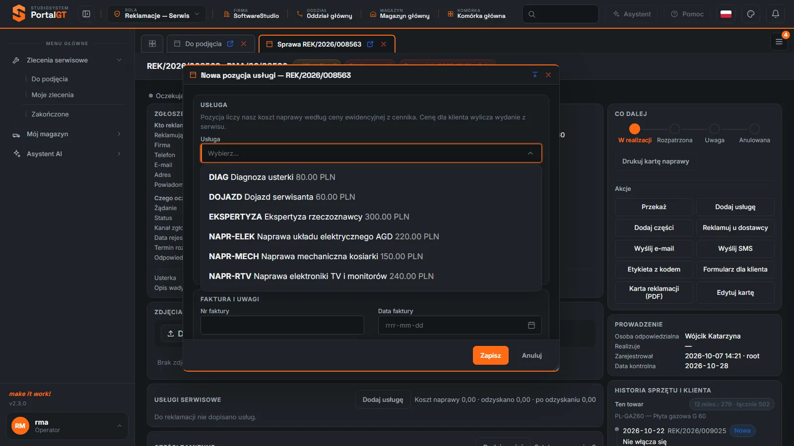 Studio RMA.net - okno Nowa pozycja usługi z otwartą listą usług z cennika: DIAG, DOJAZD, EKSPERTYZA, NAPR-ELEK, NAPR-MECH i NAPR-RTV z cenami