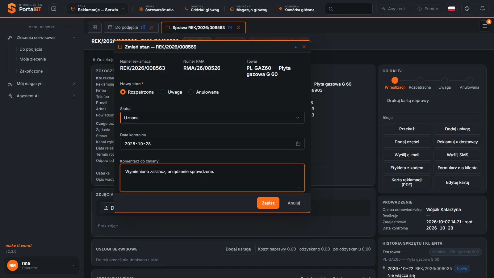 Studio RMA.net - okno Zmień stan z wybranym stanem Rozpatrzona, statusem Uznana, polem Data kontrolna i komentarzem do zmiany