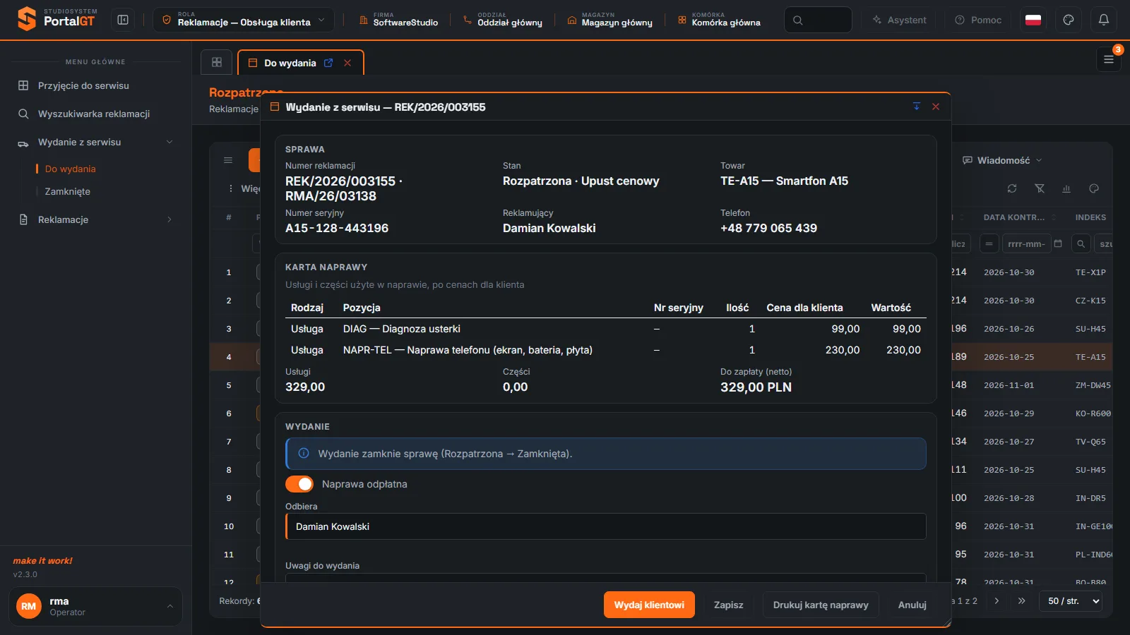 Studio RMA.net - okno Wydanie z serwisu z włączonym przełącznikiem Naprawa odpłatna, kwotą Do zapłaty netto 329,00 PLN i polem Odbiera