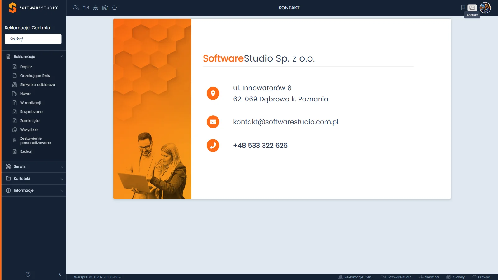 Studio RMA.net - ekran KONTAKT z kartą danych firmy SoftwareStudio: nazwa spółki, adres siedziby, adres e-mail i numer telefonu, tytuł KONTAKT w pasku