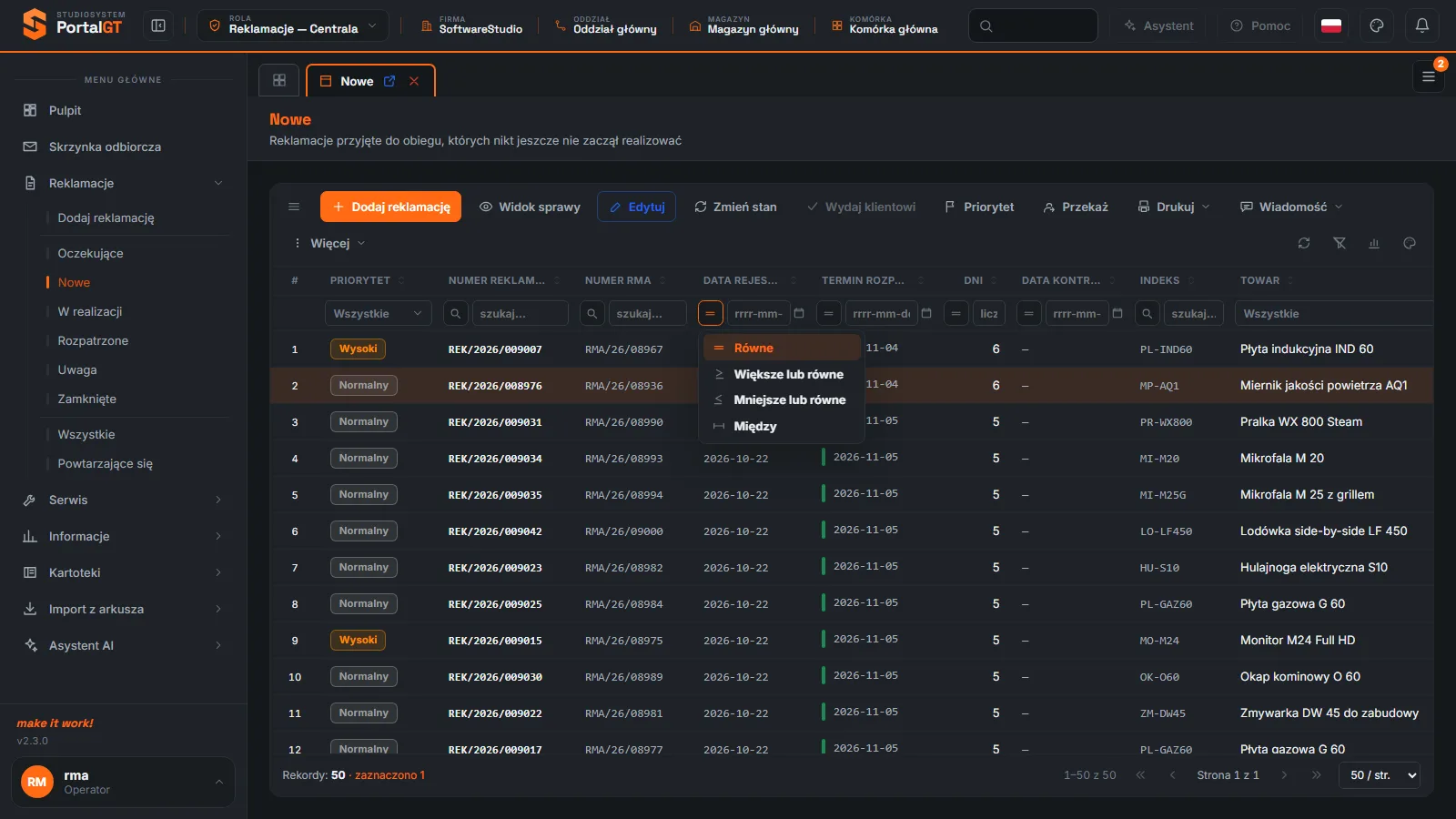 Studio RMA.net - menu operatorów filtra daty z pozycjami Równe, Większe lub równe, Mniejsze lub równe i Między