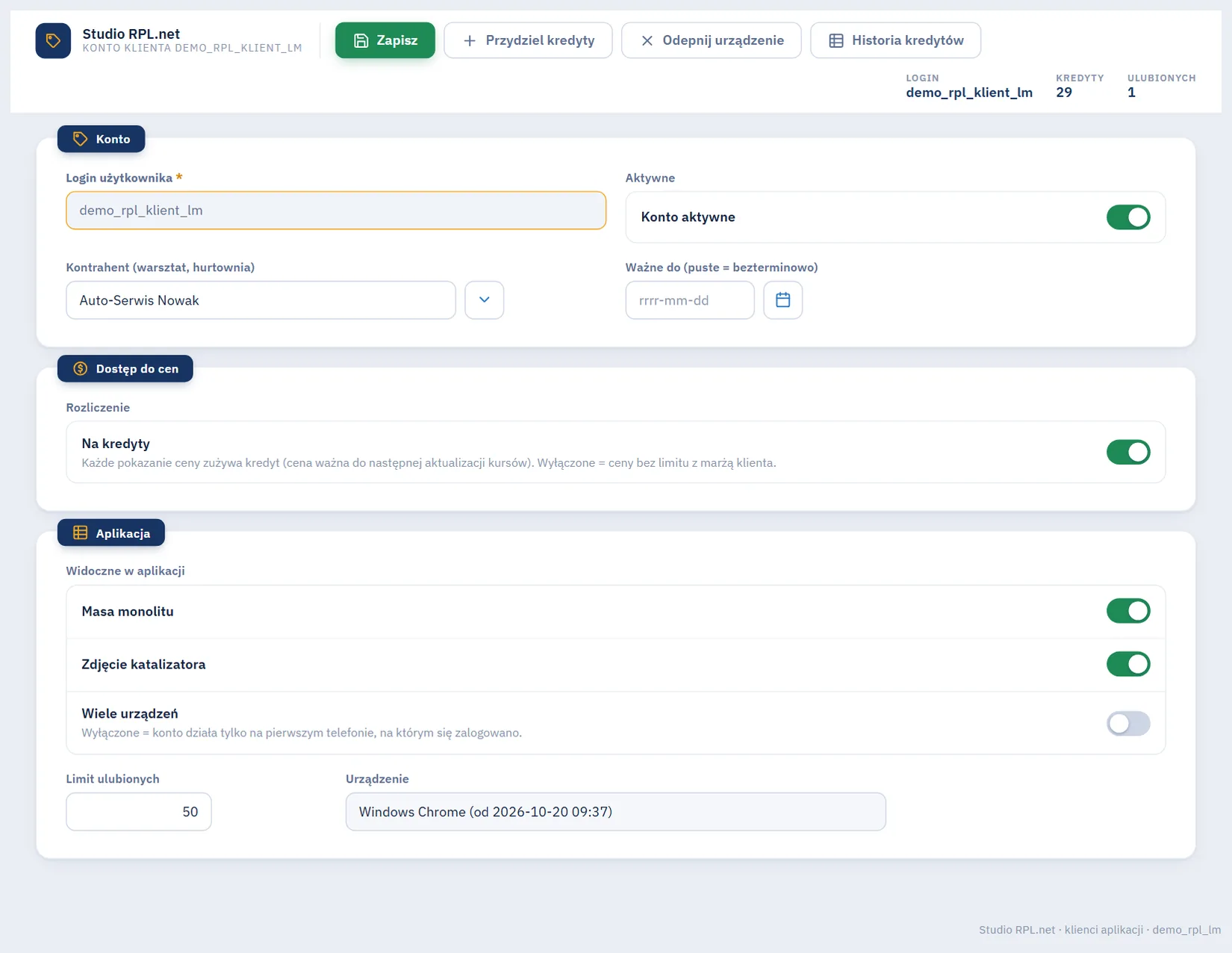 Studio RPL.net - konto klienta aplikacji demo_rpl_klient_lm z sekcjami Konto, Dostęp do cen i Aplikacja oraz przyciskami Zapisz, Przydziel kredyty, Odepnij urządzenie i Historia kredytów