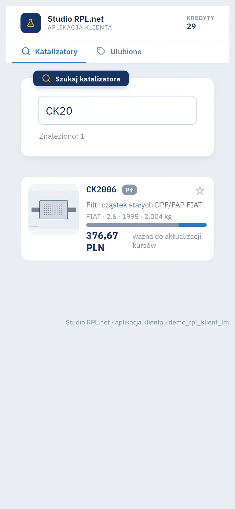 Studio RPL.net - aplikacja klienta na telefonie po odsłonięciu ceny: karta katalizatora CK2006 z ceną 376,67 PLN ważną do aktualizacji kursów i gwiazdką ulubionych
