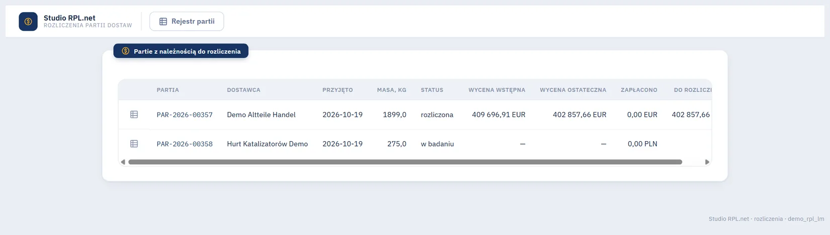 Studio RPL.net - lista Partie z należnością do rozliczenia z partią, dostawcą, masą, statusem, wyceną wstępną i ostateczną, zapłaconą kwotą i przyciskiem Rejestr partii