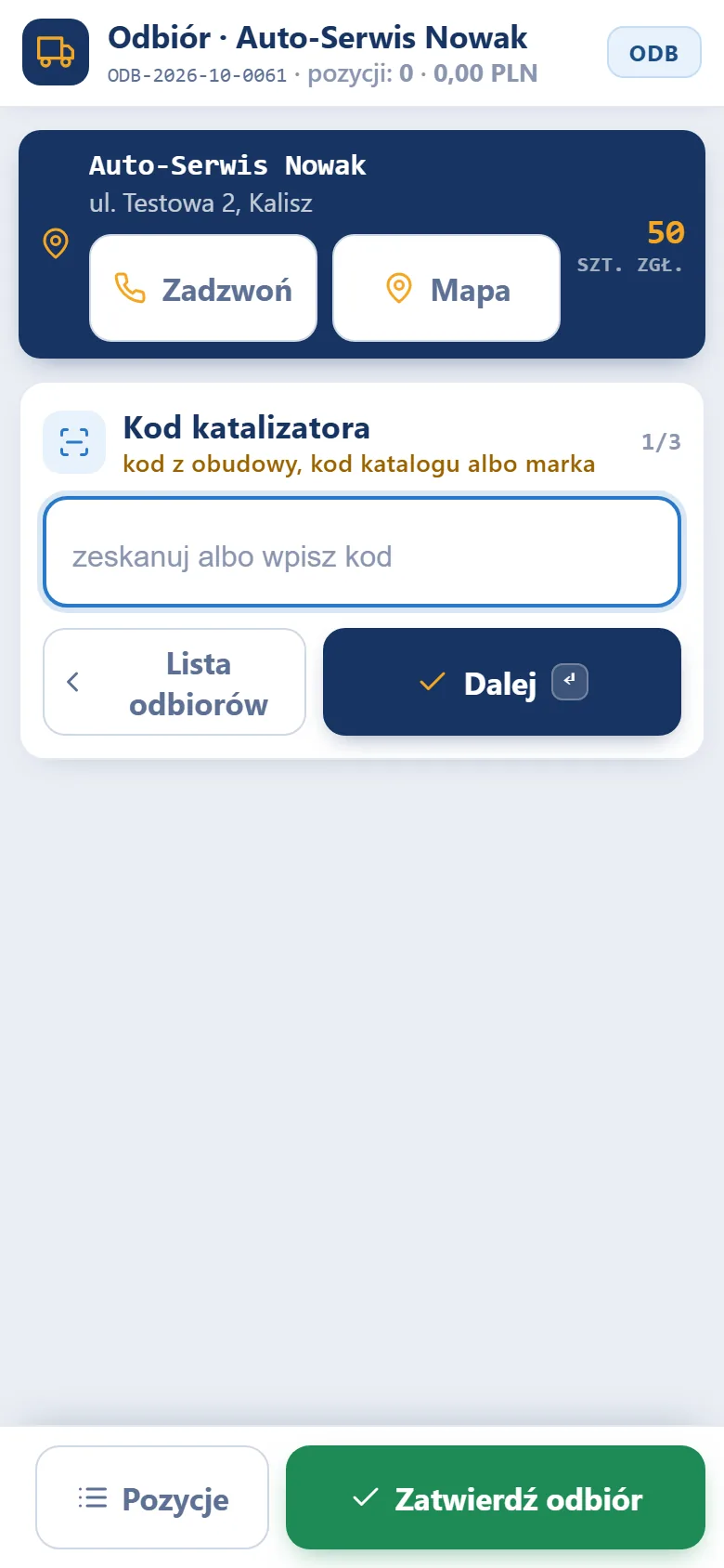 Studio RPL.net - telefon kierowcy: karta dostawcy z adresem, liczbą zgłoszonych sztuk i przyciskami Zadzwoń i Mapa oraz pierwszy krok Kod katalizatora