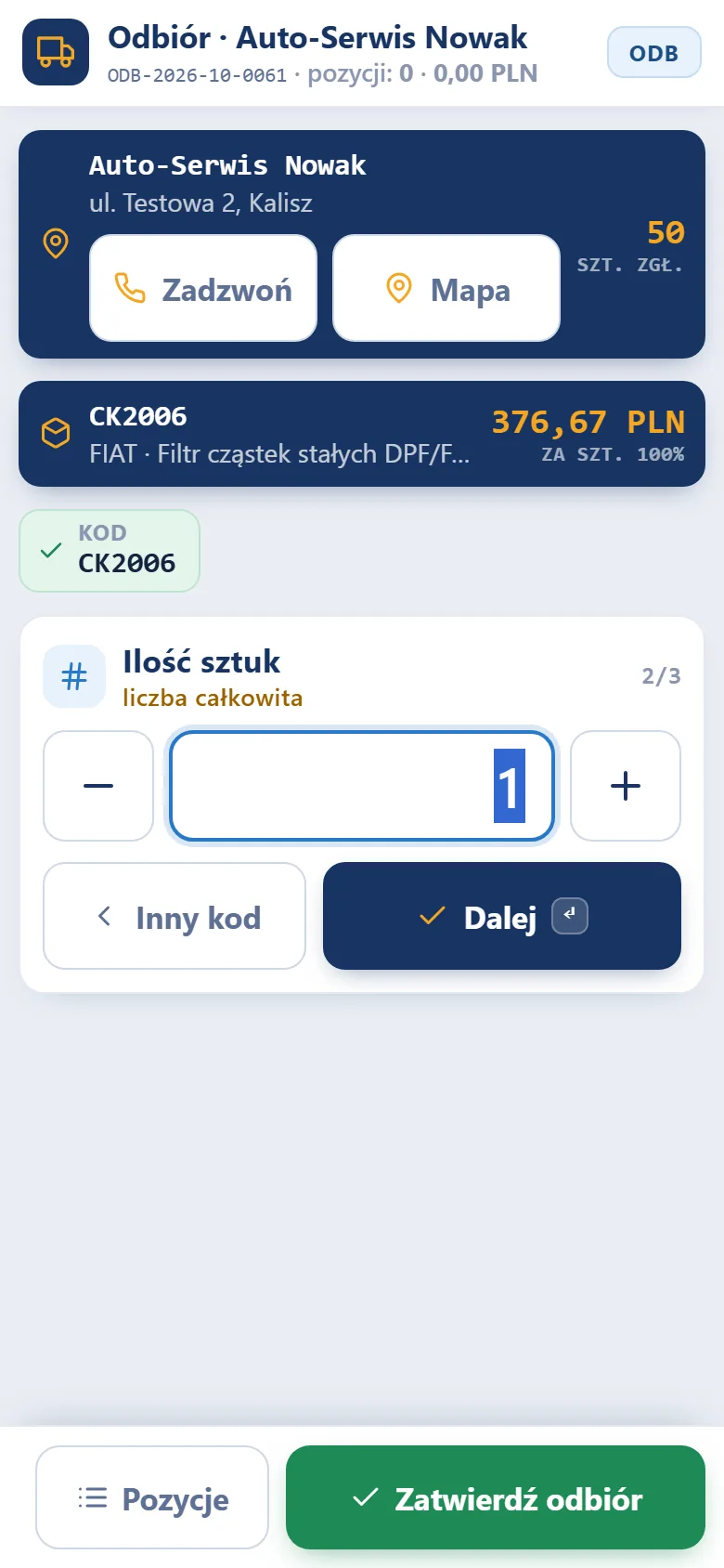 Studio RPL.net - telefon kierowcy: krok Ilość sztuk z polem liczby, przyciskami minus i plus oraz rozpoznanym katalizatorem CK2006 z ceną za sztukę
