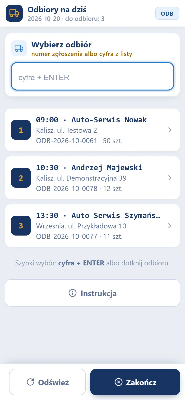 Terminal kierowcy Studio RPL.net: lista odbiorów na dziś