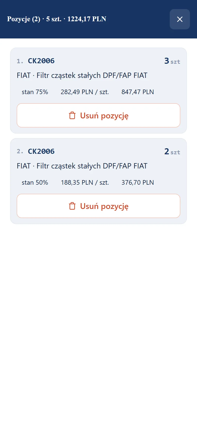 Studio RPL.net - telefon kierowcy: okno Pozycje z dwiema pozycjami CK2006, stanem rdzenia, ceną za sztukę, wartością i przyciskiem Usuń pozycję