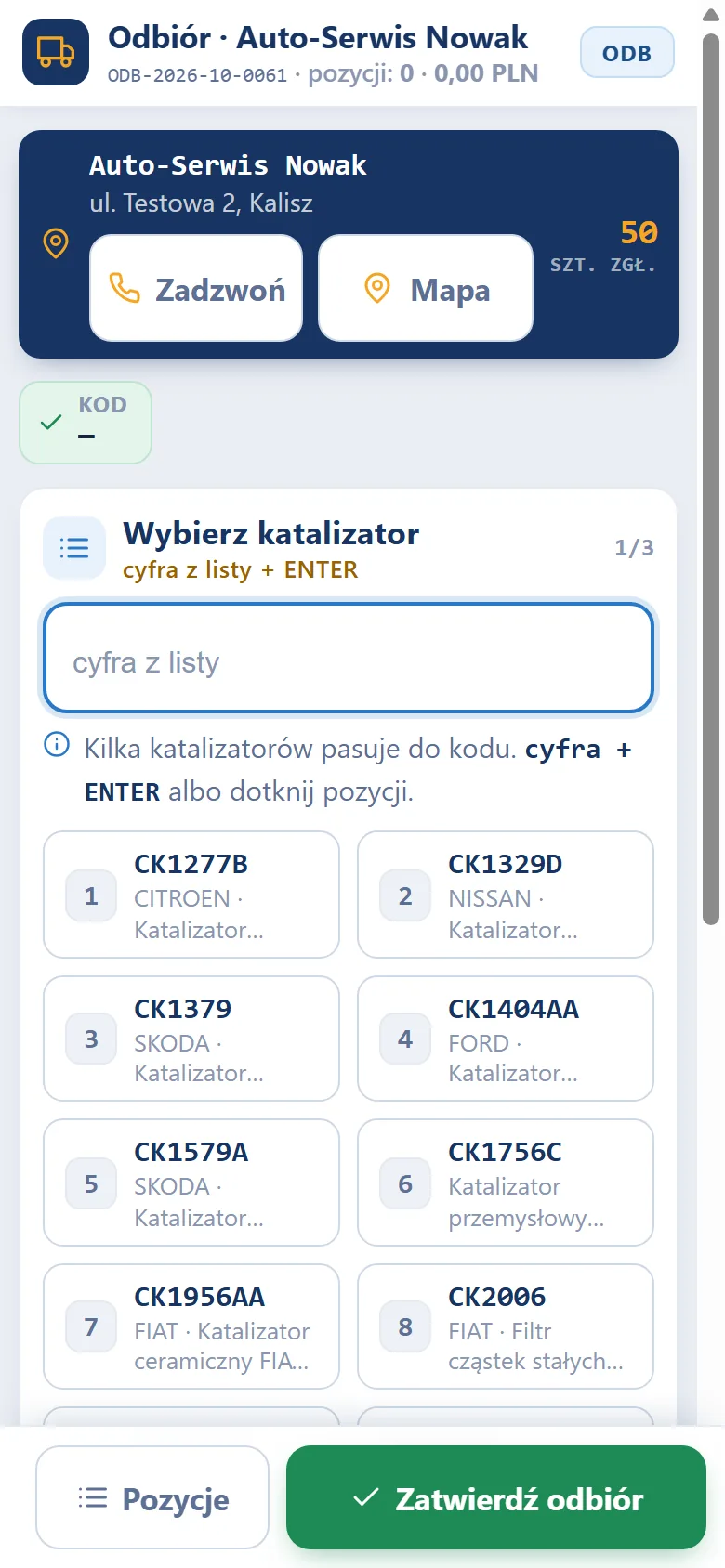 Terminal kierowcy Studio RPL.net: wybór katalizatora po kodzie z obudowy