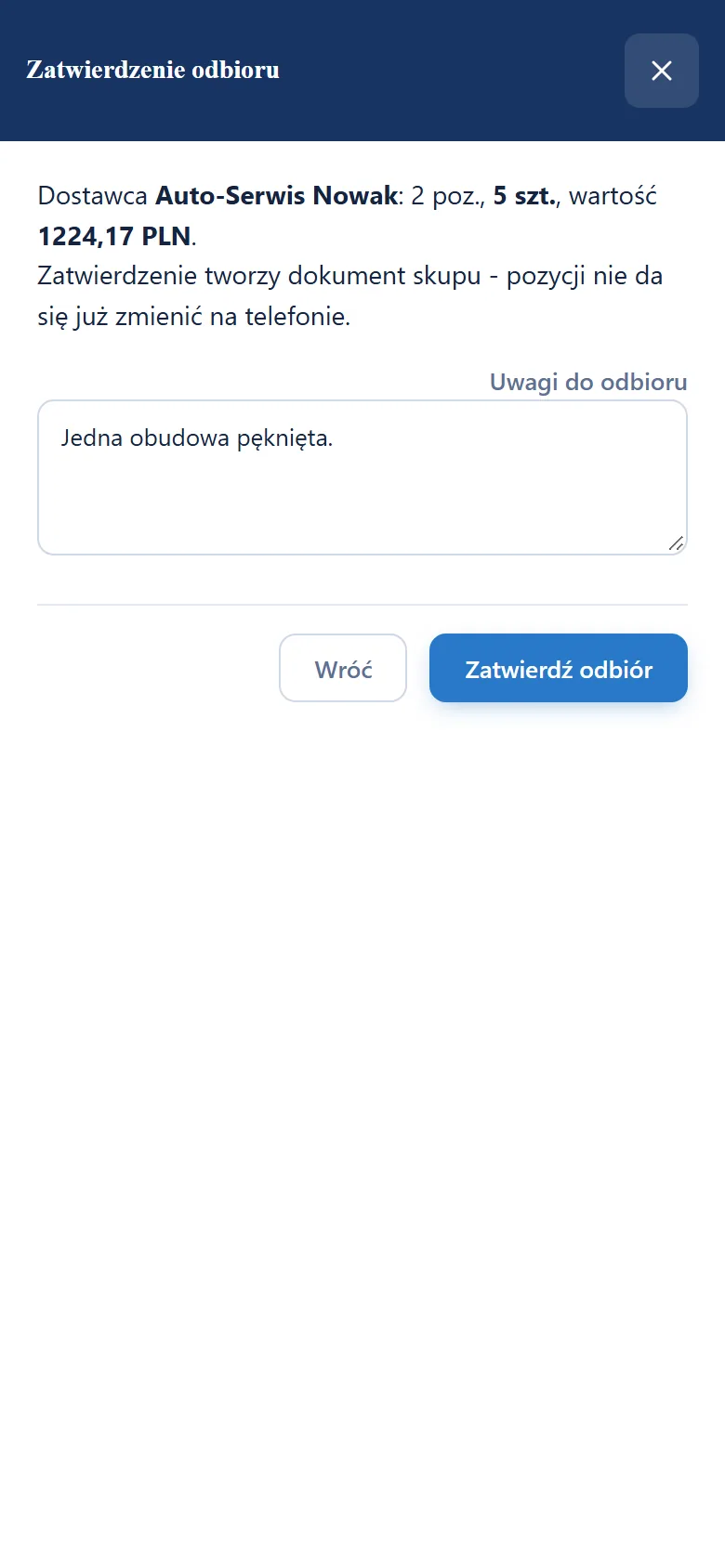 Terminal kierowcy Studio RPL.net: zatwierdzenie odbioru z podsumowaniem pozycji i wartości