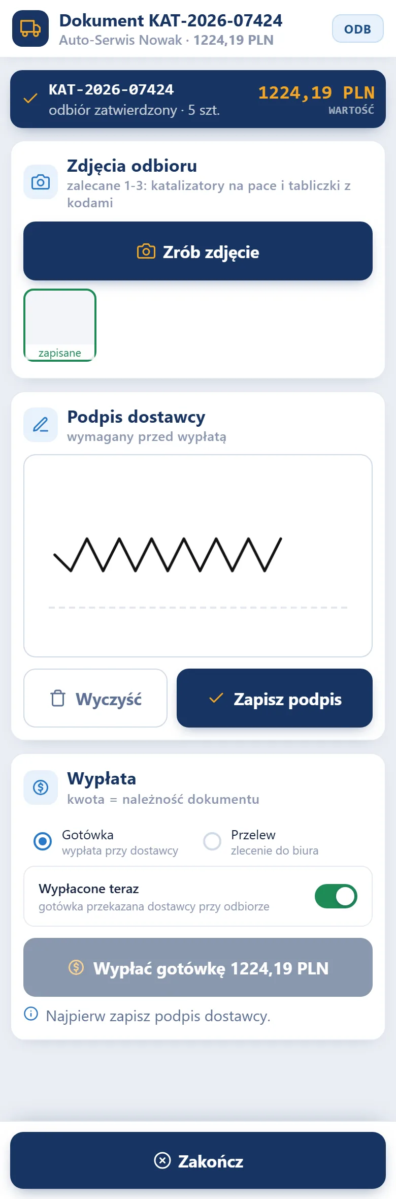Terminal kierowcy Studio RPL.net: zdjęcia odbioru, podpis dostawcy i wypłata