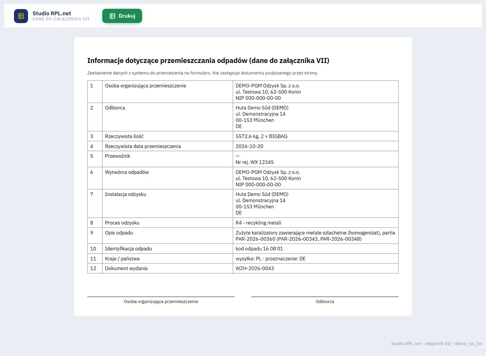 Studio RPL.net - arkusz Informacje dotyczące przemieszczania odpadów (dane do załącznika VII) z dwunastoma punktami: nadawca, odbiorca, ilość, data, przewoźnik, kod odpadu i dokument wydania