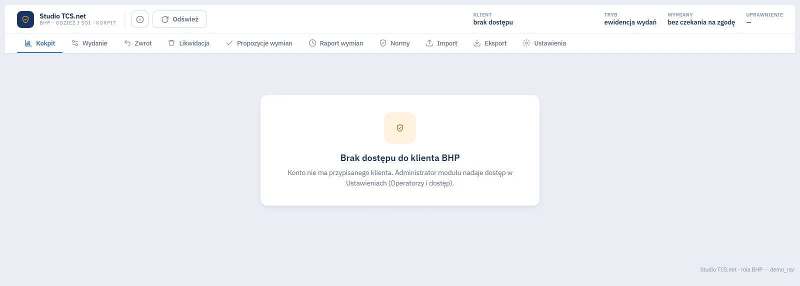 Studio TCS.net - komunikat Brak dostępu do klienta BHP na ekranie konta bez wpisu dostępu do klienta