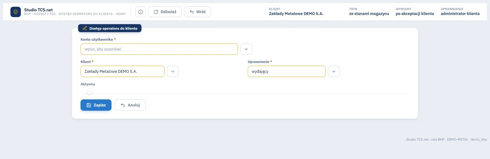 Studio TCS.net - formularz Dostęp operatora do klienta z polami konto użytkownika, klient, uprawnienie i aktywny