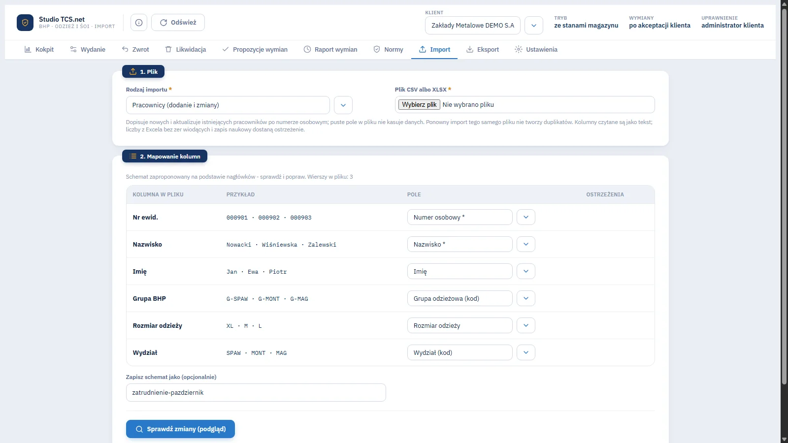 Studio TCS.net - ekran Import z wybranym plikiem CSV i tabelą mapowania kolumn pliku na pola pracownika oraz przyciskiem Sprawdź zmiany