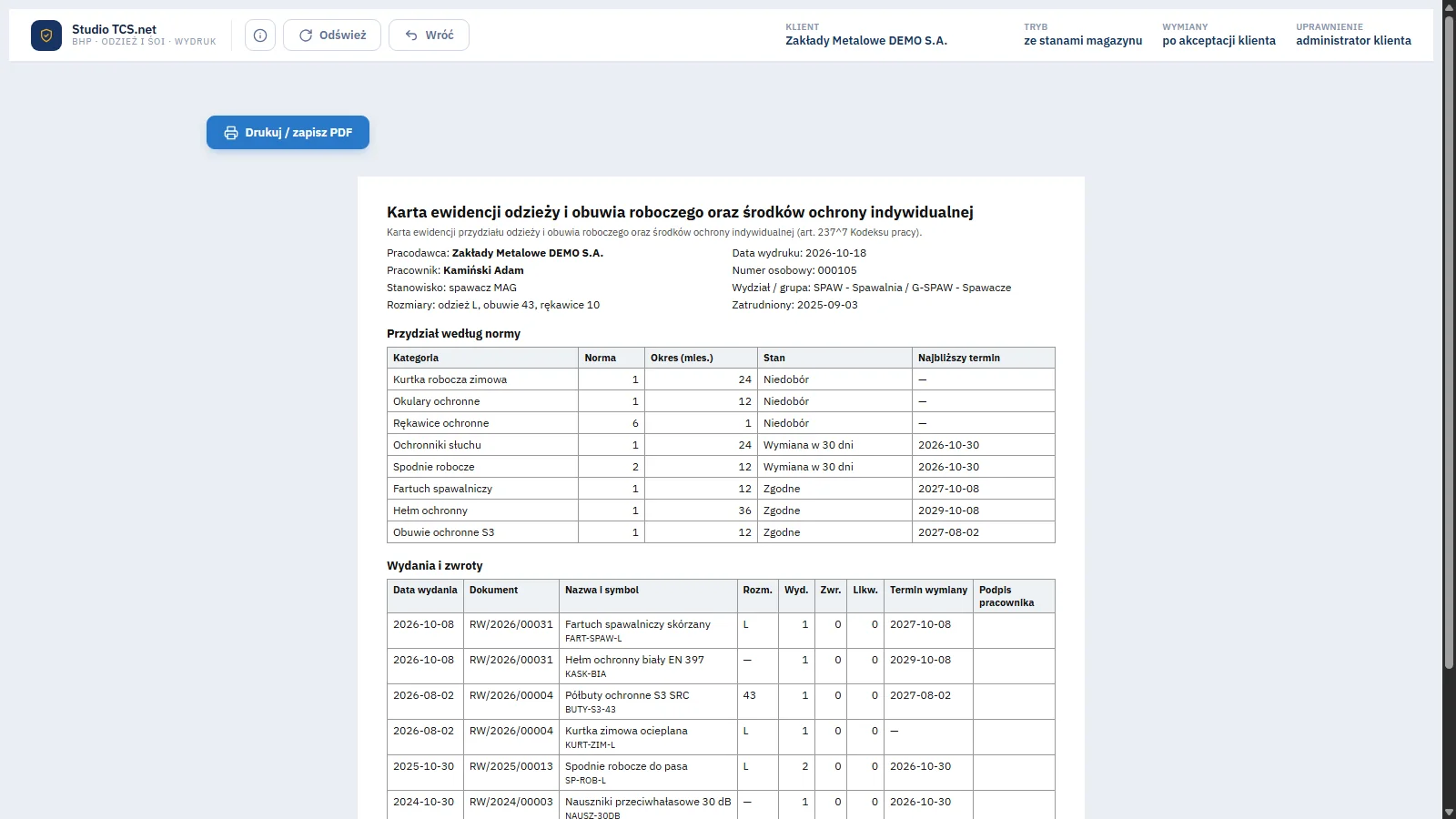 Studio TCS.net - wydruk Karta ewidencji odzieży i obuwia roboczego oraz środków ochrony indywidualnej z przydziałem według normy i tabelą wydań