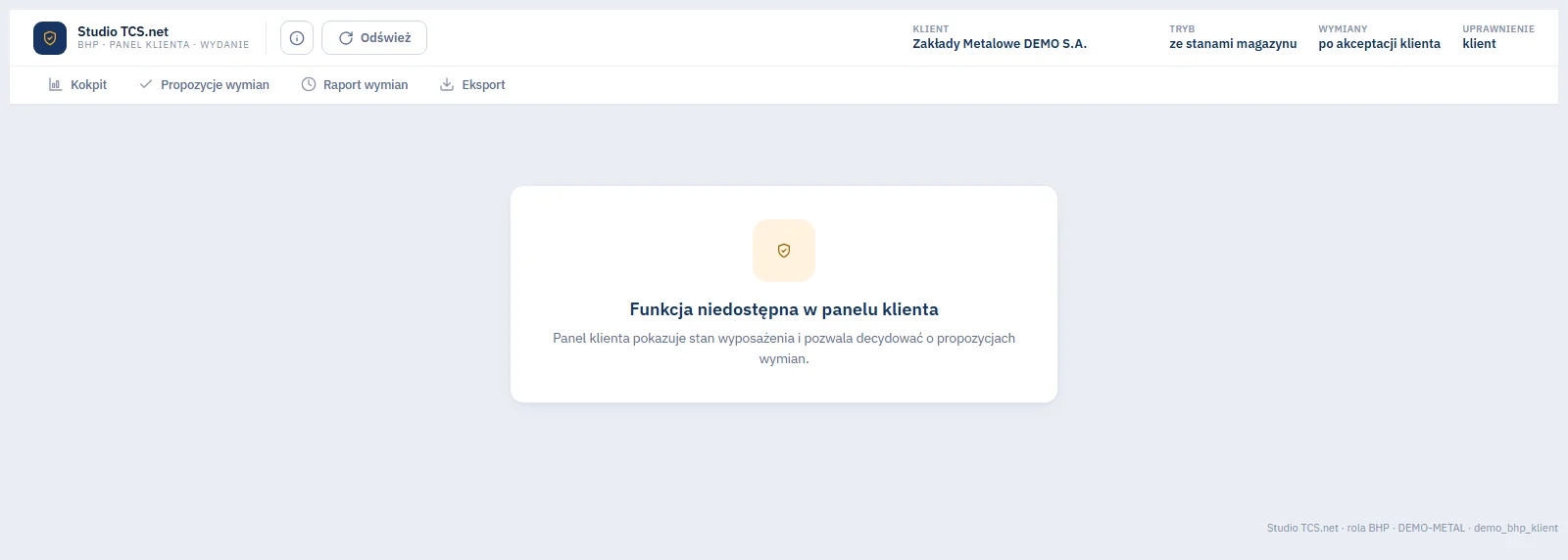 Studio TCS.net - komunikat Funkcja niedostępna w panelu klienta po otwarciu ekranu Wydanie
