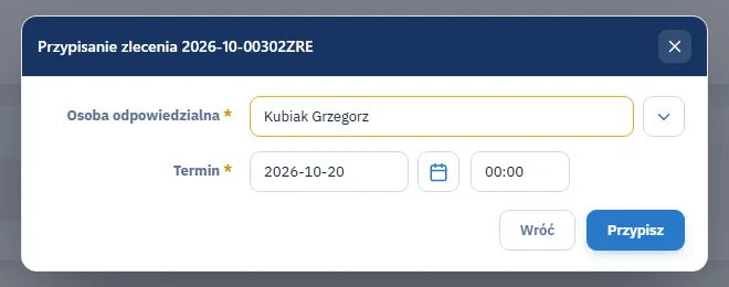 Studio TCS.net - okno Przypisanie zlecenia z polem Osoba odpowiedzialna i terminem: data i godzina