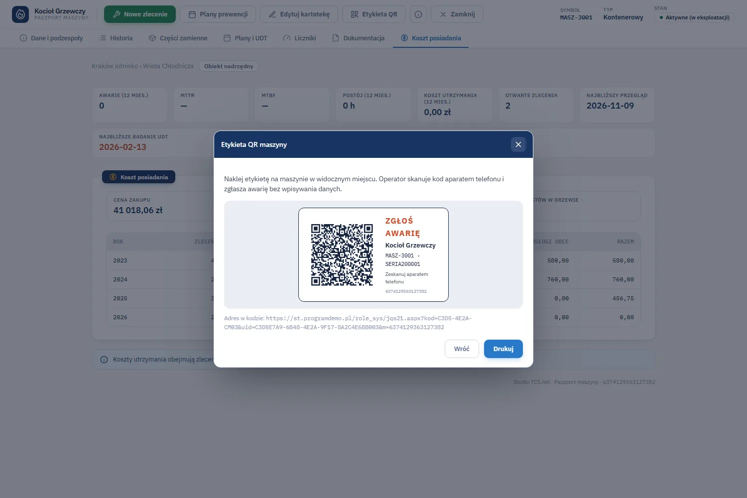 Studio TCS.net - okno Etykieta QR maszyny: podgląd naklejki z kodem QR, napisem ZGŁOŚ AWARIĘ, nazwą, symbolem i numerem seryjnym maszyny oraz przyciski Wróć i Drukuj