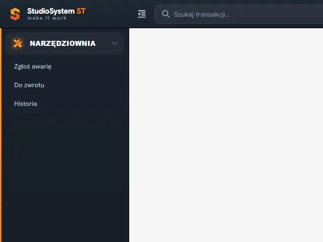 Studio TCS.net - menu pracownika (rola Narzędziownia_Prac): sekcja NARZĘDZIOWNIA z pozycjami Zgłoś awarię, Do zwrotu, Historia