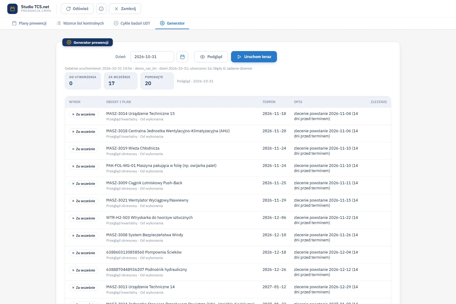 Studio TCS.net - zakładka Generator prewencji: pole Dzień, przyciski Podgląd i Uruchom teraz, ostatnie uruchomienie z liczbą utworzonych zleceń i błędów, liczniki Do utworzenia, Za wcześnie, Pominięte i lista wyników z opisem