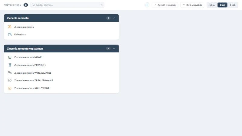 Studio TCS.net - podmenu Remonty z grupą Zlecenia remontu (Zlecenia remontu, Kalendarz) i grupą Zlecenia remontu wg statusu z pięcioma kafelkami statusów