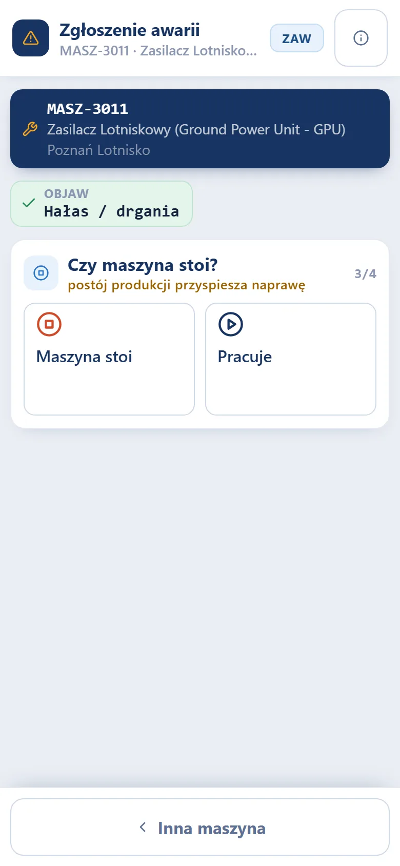 Studio TCS.net na telefonie - krok 3/4 Czy maszyna stoi? z kaflami Maszyna stoi i Pracuje; nad krokiem kafelek wybranego objawu