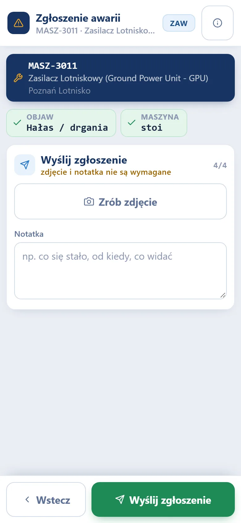 Studio TCS.net na telefonie - krok 4/4 Wyślij zgłoszenie: przycisk Zrób zdjęcie i pole Notatka; nad krokiem kafelki Objaw i Maszyna