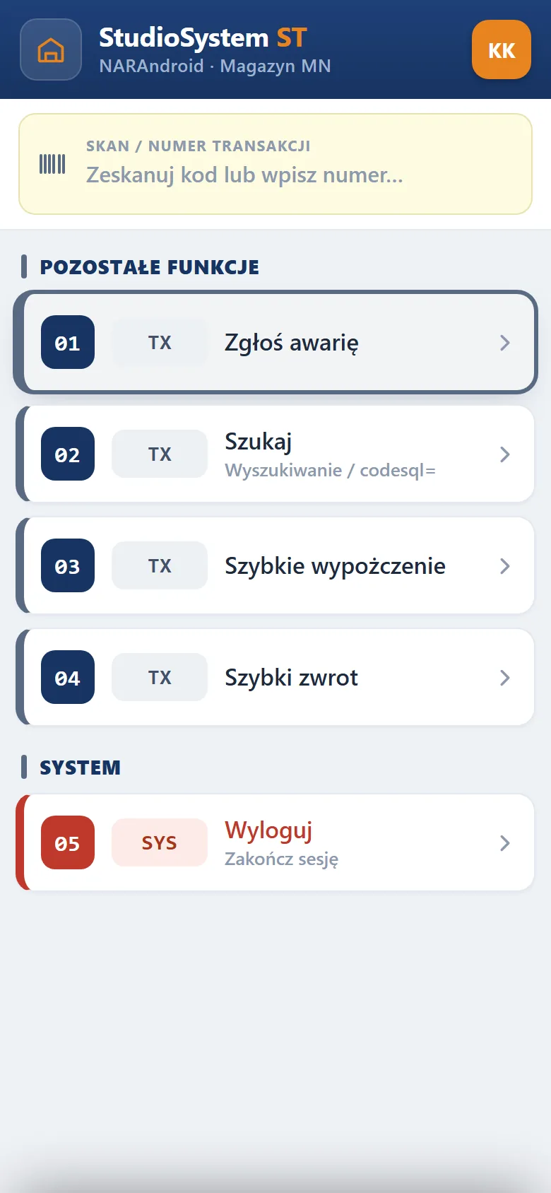 Studio TCS.net na telefonie - menu roli NARAndroid z kaflami Zgłoś awarię, Szukaj, Szybkie wypożyczenie, Szybki zwrot