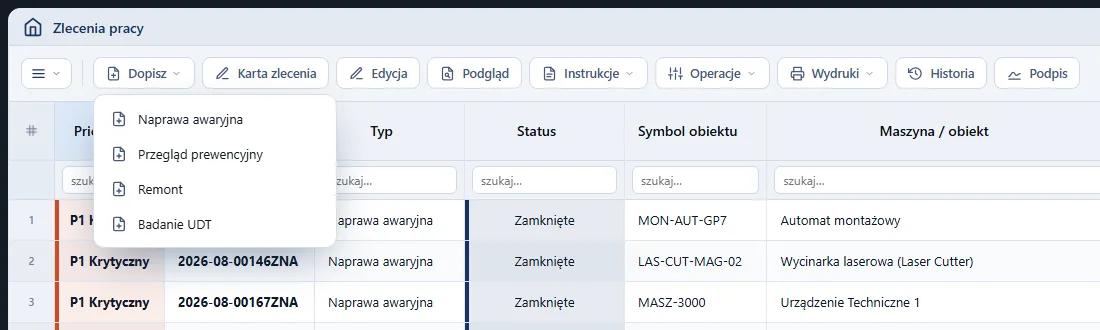 Studio TCS.net - rozwinięta lista Dopisz w rejestrze Zlecenia pracy: Naprawa awaryjna, Przegląd prewencyjny, Remont, Badanie UDT