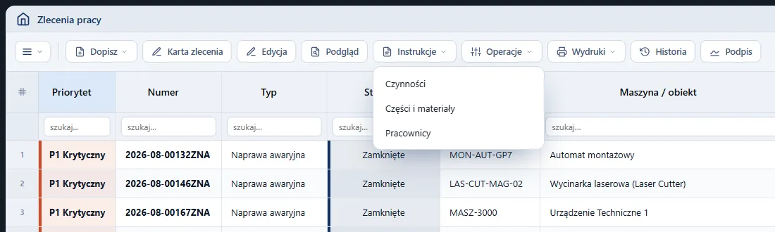 Studio TCS.net - rozwinięta lista Instrukcje w rejestrze Zlecenia pracy: Czynności, Części i materiały, Pracownicy