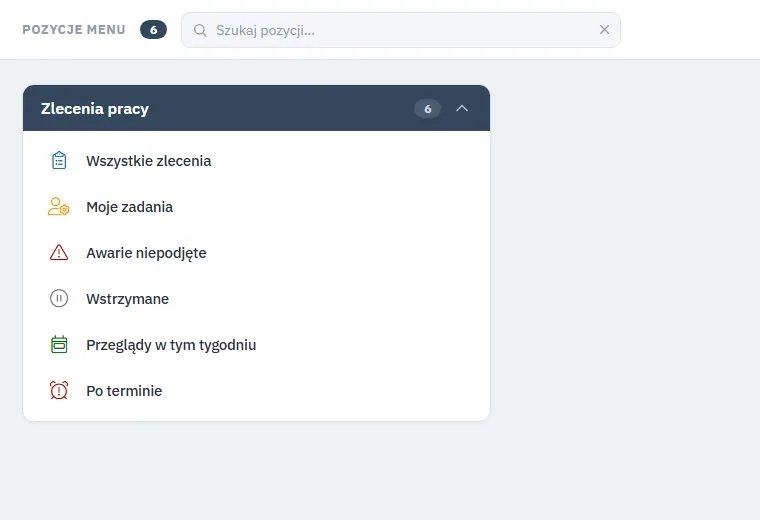 Studio TCS.net - strona Pozycje menu dla Zlecenia pracy z sześcioma kaflami: Wszystkie zlecenia, Moje zadania, Awarie niepodjęte, Wstrzymane, Przeglądy w tym tygodniu, Po terminie