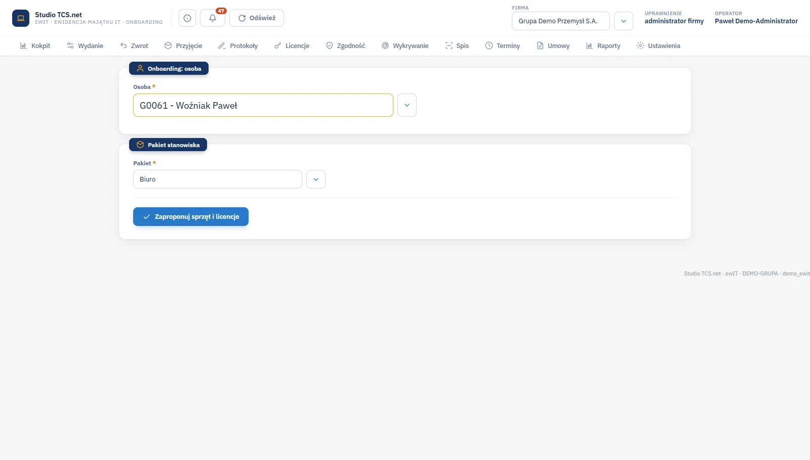 Studio ewidIT - kreator Onboarding z wyborem osoby i pakietu stanowiska oraz przyciskiem Zaproponuj sprzęt i licencje