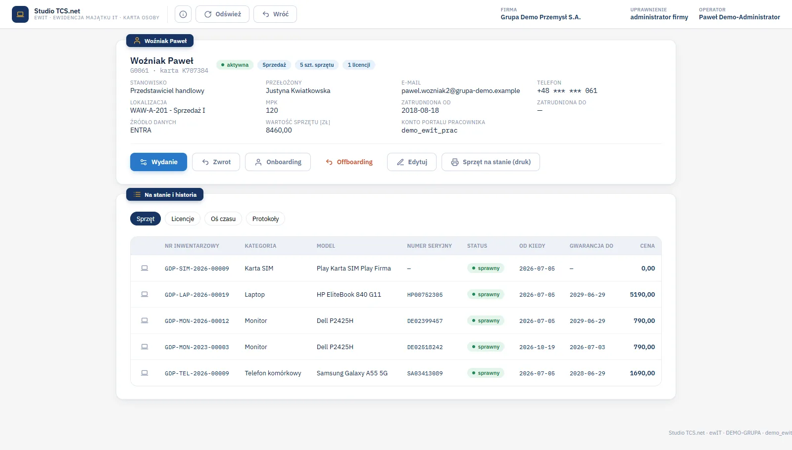 Studio ewidIT - karta osoby z danymi z katalogu, przyciskami Wydaj, Zwrot, Onboarding, Offboarding i tabelą sprzętu na stanie