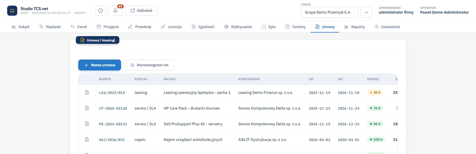 Studio ewidIT - ekran Umowy i leasingi z listą umów leasingu, serwisu i najmu z kontrahentem, okresem i liczbą dni do końca