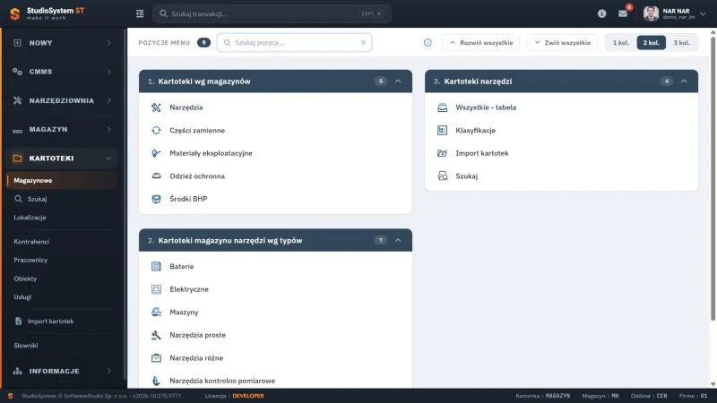 Studio TCS.net - menu boczne z rozwiniętą sekcją KARTOTEKI i ekran Magazynowe z kafelkami w grupach Kartoteki wg magazynów, Kartoteki magazynu narzędzi wg typów i Kartoteki narzędzi